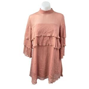 Pink Owl Women's Coral Tiered Ruffle Mock Neck Long Sleeve Mini Shift Dress Sz S